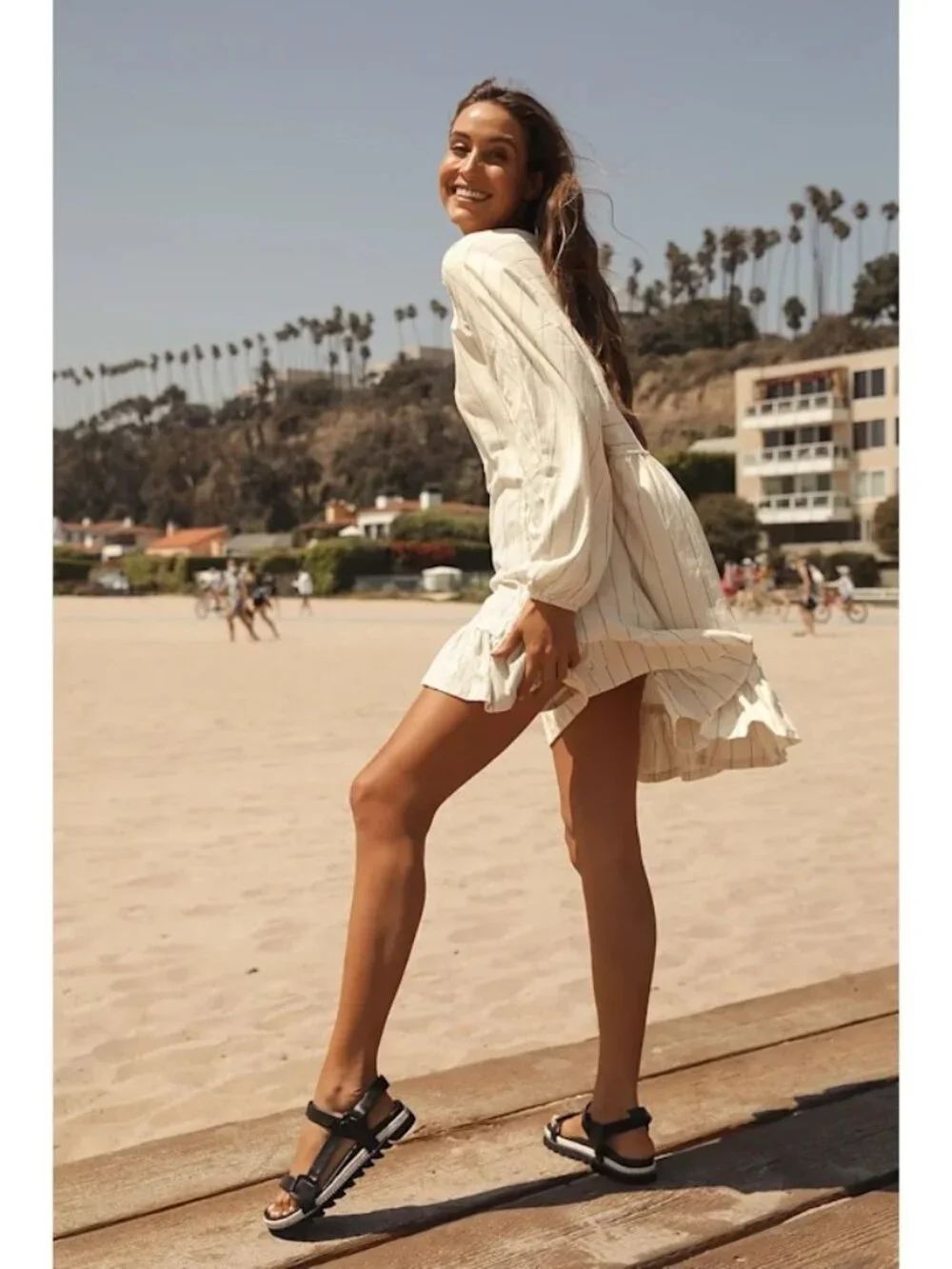 FP Beach April Cream Boho Striped Ruffle Hem Long Sleeve Tunic Mini Dress Sz S - Picture 5 of 10